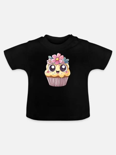 Cupcake mit Blumenkranz - Baby Bio-T-Shirt mit Rundhals - Schwarz