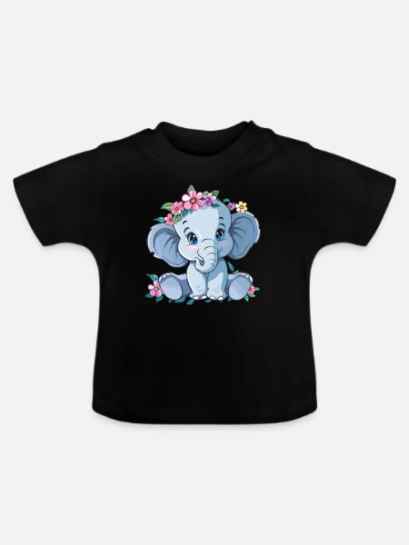 Blumenbaby Elefant - Baby Bio-T-Shirt mit Rundhals - Schwarz