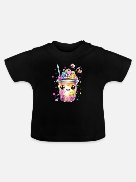 Bubble Tea mit Blüten - Baby Bio-T-Shirt mit Rundhals - Schwarz