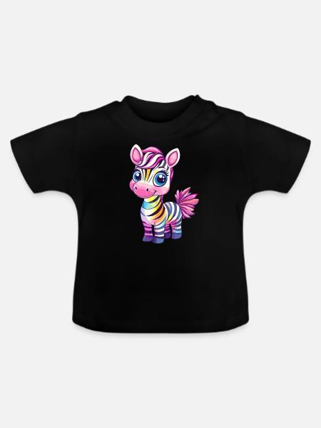 Regenbogen Zebra Kindermotiv - Baby Bio-T-Shirt mit Rundhals - Schwarz