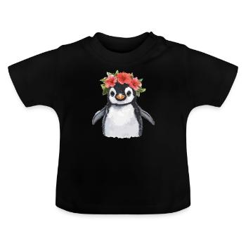 Pinguin mit Blütenkranz - Baby Bio-T-Shirt mit Rundhals - Schwarz - Vorne
