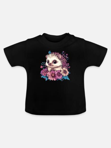 Niedlicher Igel in Blumen - Baby Bio-T-Shirt mit Rundhals - Schwarz