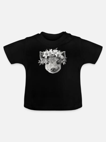 Wildschwein mit Blumenkranz - Baby Bio-T-Shirt mit Rundhals - Schwarz