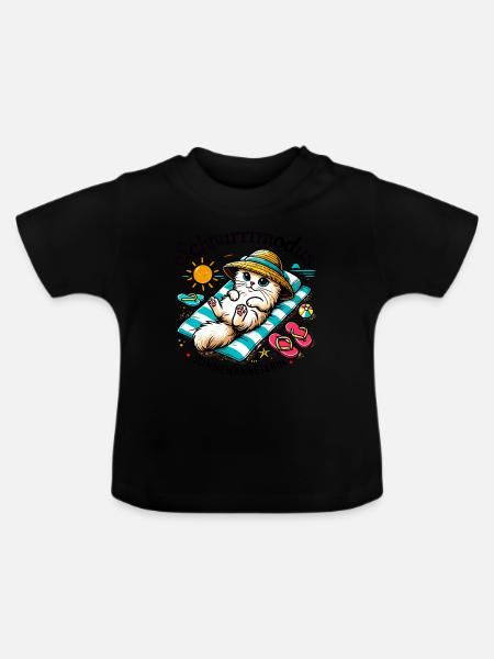 Katze Cat Sonne Strand Meer Urlaub Design - Baby Bio-T-Shirt mit Rundhals - Schwarz