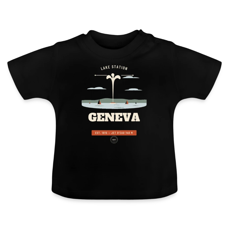 Geneva badge on a baby organic t-shirt with round neck, black