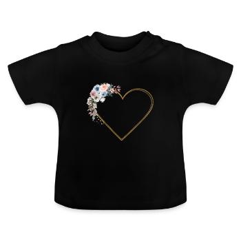 Fleurs de cœur personnalisables Or Bleu Vert - T-shirt bio col rond Bébé - noir - Devant