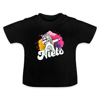 NIELS - Schöner Jungen Name mit Coolem Einhorn - Baby Bio-T-Shirt mit Rundhals - Schwarz - Vorne