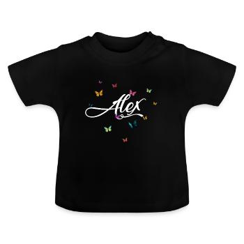 ALEX - Girl Name with Colorful Butterflies - Baby Organic T-Shirt with Round Neck - black - Front