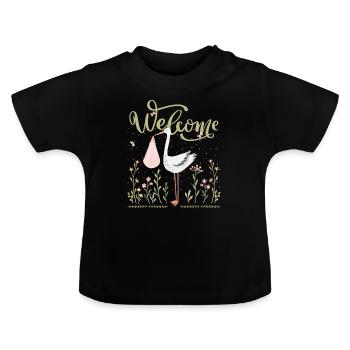 Welcome Baby - Stork - Gift idea for birth - Baby Organic T-Shirt with Round Neck - black - Front