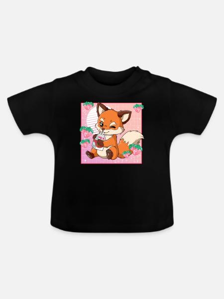 Kawaii Fuchs Erdbeermilch - Baby Bio-T-Shirt mit Rundhals - Schwarz