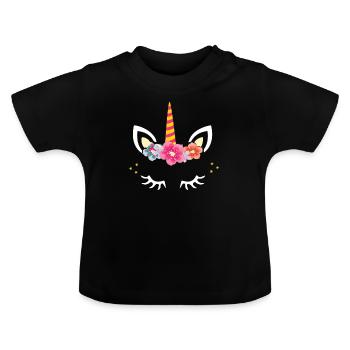 Unicorn - Cat Ears - Closed Eyelashes - Baby Organic T-Shirt with Round Neck - black - Front