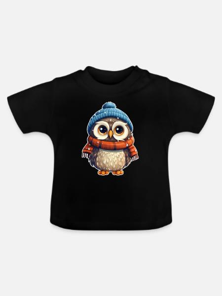 Winter süsse Eule - Baby Bio-T-Shirt mit Rundhals - Schwarz
