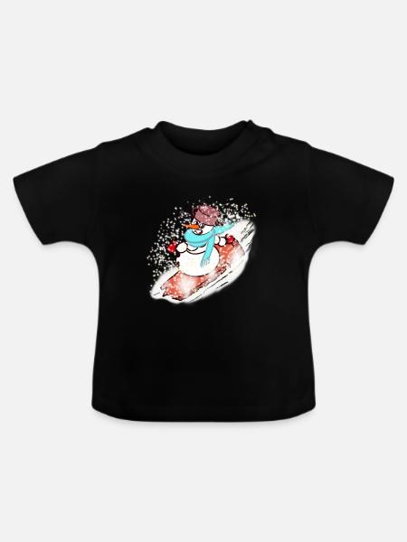 Schneemann mit Schal und Snowboard - Baby Bio-T-Shirt mit Rundhals - Schwarz