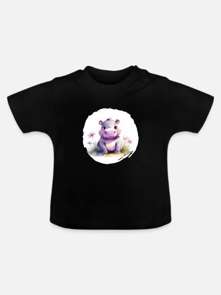 Aquarell Nilpferd - Baby Bio-T-Shirt mit Rundhals - Schwarz