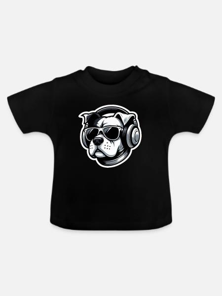 Hund Bulldogge Kopfhörer Brille - Baby Bio-T-Shirt mit Rundhals - Schwarz