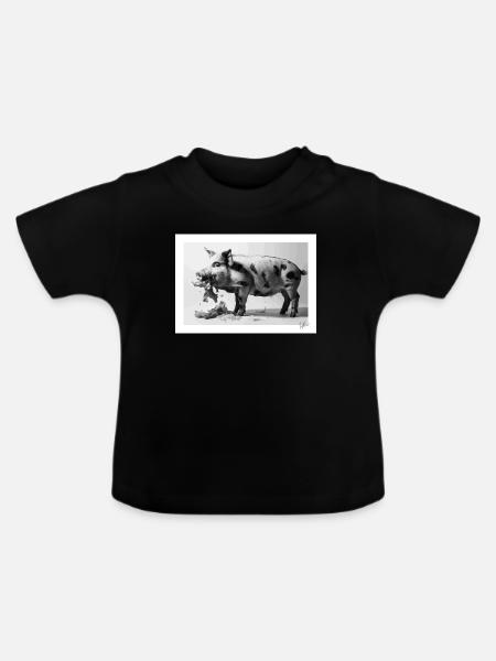 Schwein isst Salat - Baby Bio-T-Shirt mit Rundhals - Schwarz