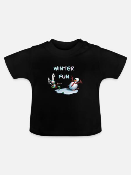 Winterspaß: Hase und Schneemann - Baby Bio-T-Shirt mit Rundhals - Schwarz