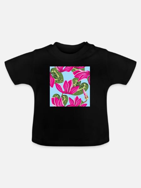 Helles Muster mit Alpenveilchenblüten - Baby Bio-T-Shirt mit Rundhals - Schwarz
