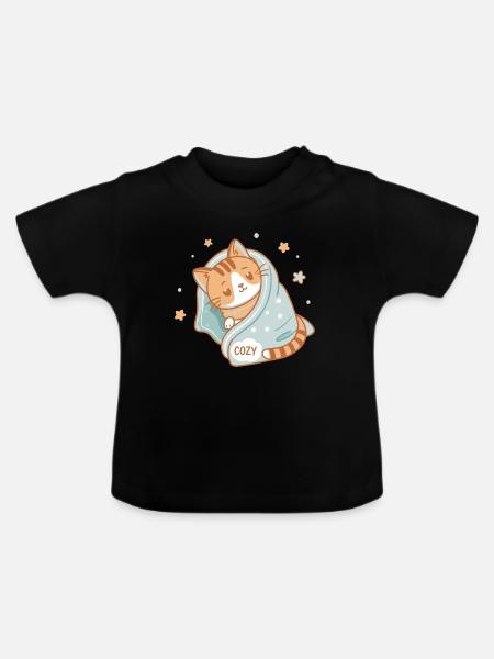 Gemütliche Katze unter Sternendecke Gemütlich - Baby Bio-T-Shirt mit Rundhals - Schwarz