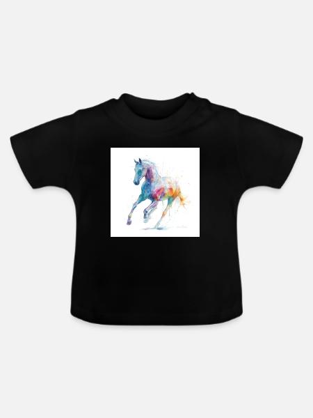 Regenbogen-Aquarellpferd in Bewegung - Baby Bio-T-Shirt mit Rundhals - Schwarz