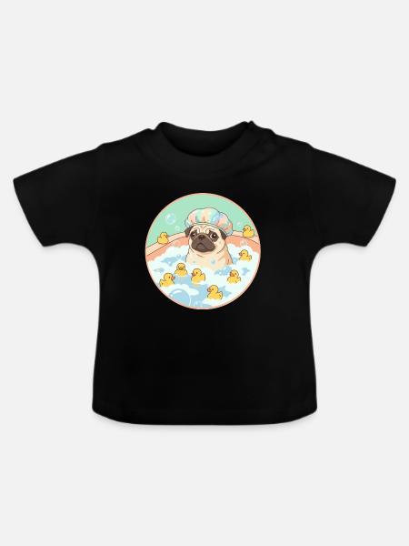 Mopps beim Badespaß - Baby Bio-T-Shirt mit Rundhals - Schwarz