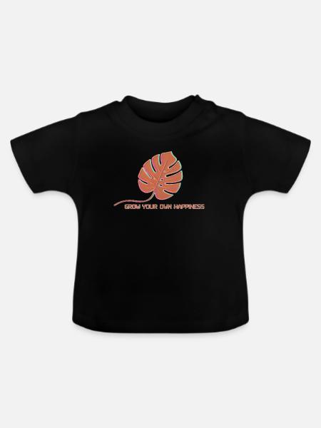 Monstera Glow Glücksblatt - Baby Bio-T-Shirt mit Rundhals - Schwarz