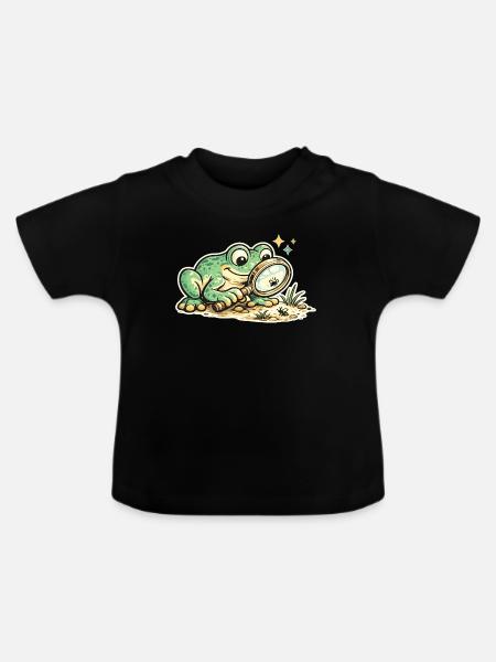 Frosch mit Lupe auf Spurensuche - Baby Bio-T-Shirt mit Rundhals - Schwarz