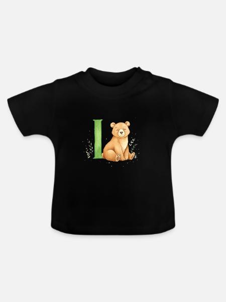 Aquarell Bär mit Buchstabe I - Baby Bio-T-Shirt mit Rundhals - Schwarz