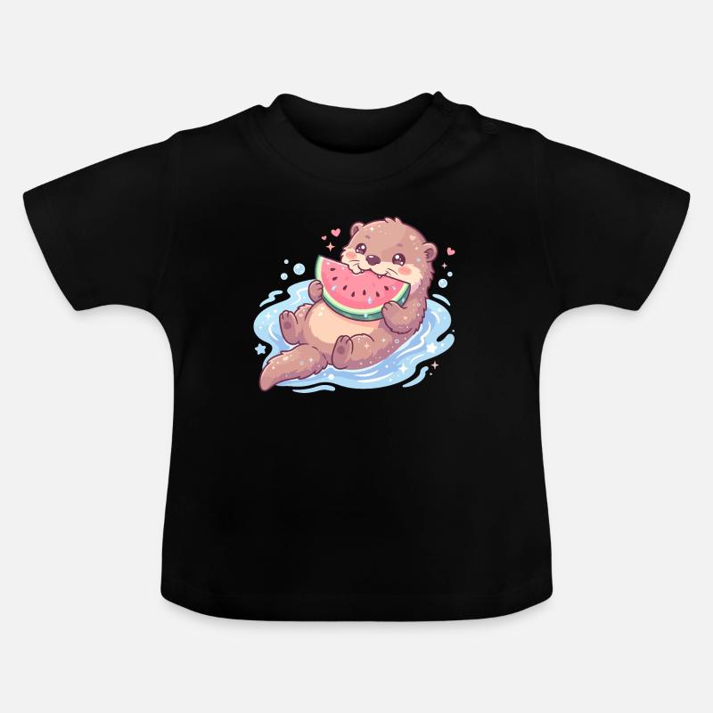 La loutre Kawaii mange de la pastèque - T-shirt bio col rond Bébé - noir
