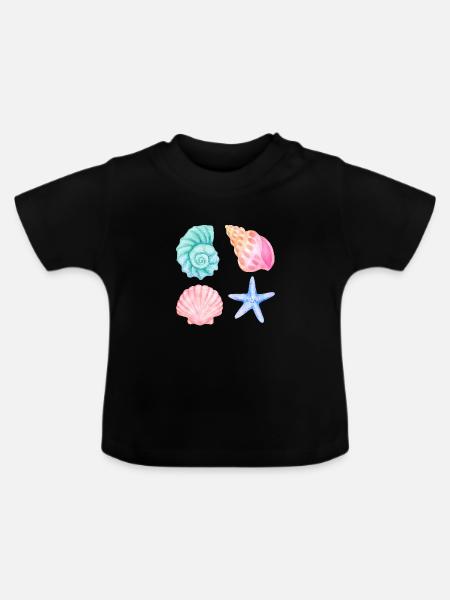 Wasserfarben Muscheln Strandmotiv - Baby Bio-T-Shirt mit Rundhals - Schwarz