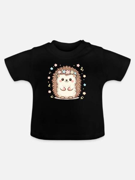 Blütenkranz-Igel Kuscheldesign - Baby Bio-T-Shirt mit Rundhals - Schwarz