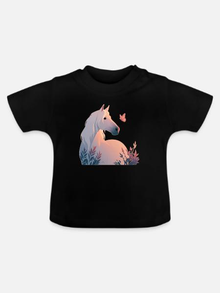 Pferd mit Schmetterling - Baby Bio-T-Shirt mit Rundhals - Schwarz