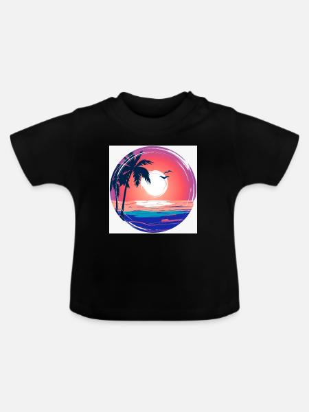 Sonnenuntergangs-Palmenkreis Ozean-Leuchten - Baby Bio-T-Shirt mit Rundhals - Schwarz