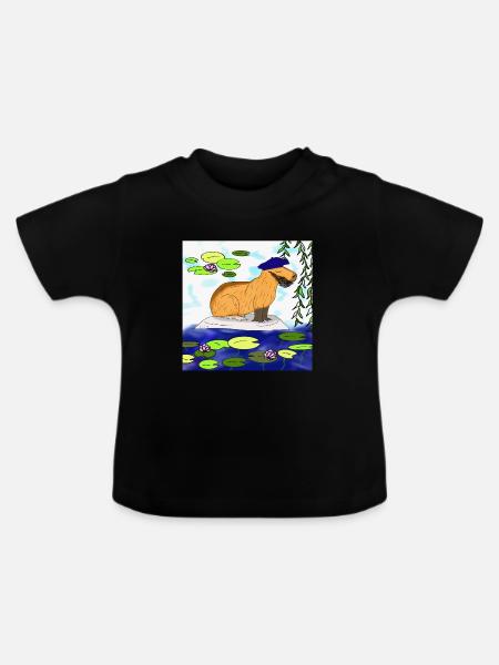 Capybara im Seerosen Teich - Baby Bio-T-Shirt mit Rundhals - Schwarz