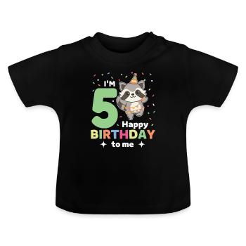 Raccoon for 5th birthday kids five years old - Baby Organic T-Shirt with Round Neck - black - Front