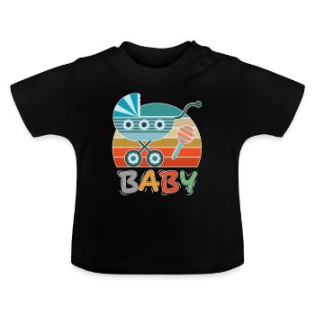 Baby Kinderwagen Rassel Spazieren gehen Retro - Baby Bio-T-Shirt mit Rundhals - Schwarz - Vorne