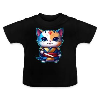 Cute samurai cat - Baby Organic T-Shirt with Round Neck - black - Front