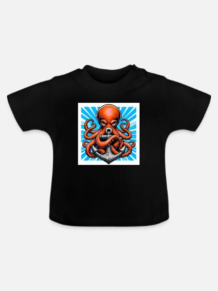 Oktopus umarmt einen Anker - Baby Bio-T-Shirt mit Rundhals - Schwarz