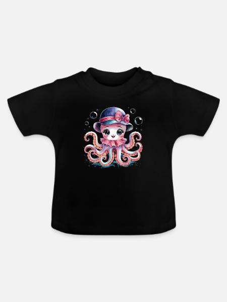 Niedlicher Oktopus mit Hut - Baby Bio-T-Shirt mit Rundhals - Schwarz
