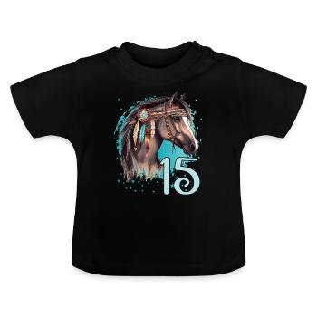 Geburtstag 15 Mädchen Pferd Reiten Stall Fünfzehn - Baby Bio-T-Shirt mit Rundhals - Schwarz - Vorne