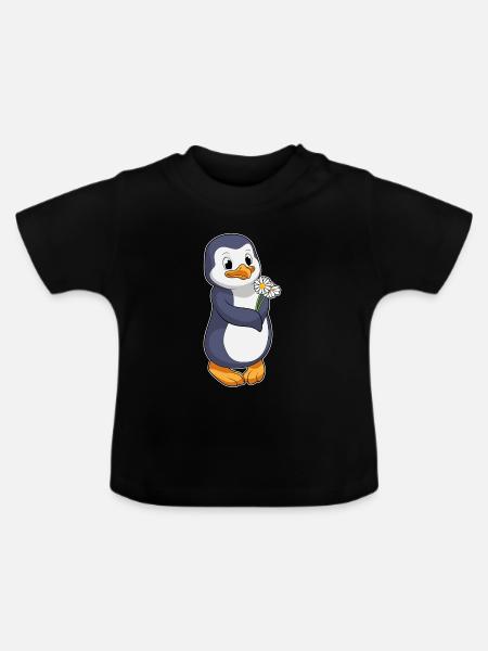 Pinguin Gänseblümchen - Baby Bio-T-Shirt mit Rundhals - Schwarz