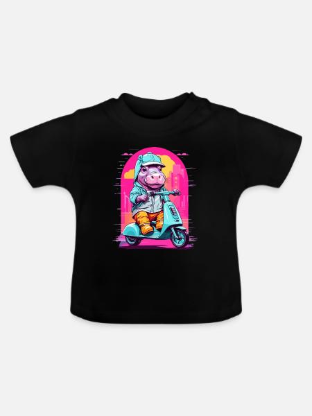 Nilpferd auf Roller - Baby Bio-T-Shirt mit Rundhals - Schwarz