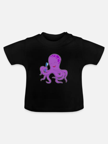 Krake Zahnbürste - Baby Bio-T-Shirt mit Rundhals - Schwarz