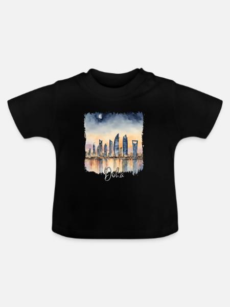 Doha Aquarell, Doha Katar - Baby Bio-T-Shirt mit Rundhals - Schwarz