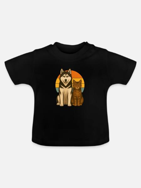 Husky und Katze - Baby Bio-T-Shirt mit Rundhals - Schwarz