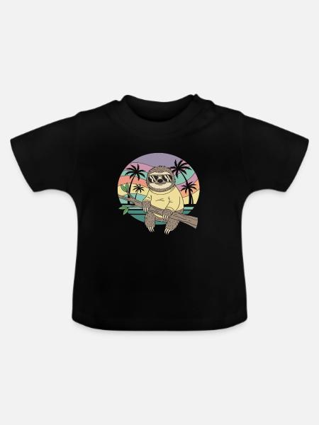 Cooles Faultier Retro Sommer Palmen - Baby Bio-T-Shirt mit Rundhals - Schwarz