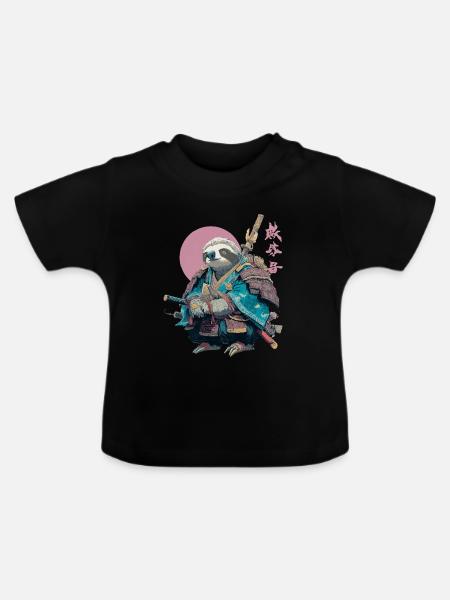 Faultier-Samurai in blauer Rüstung - Baby Bio-T-Shirt mit Rundhals - Schwarz
