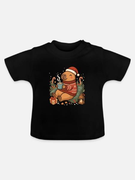 Capybara im Weihnachtspullover - Baby Bio-T-Shirt mit Rundhals - Schwarz
