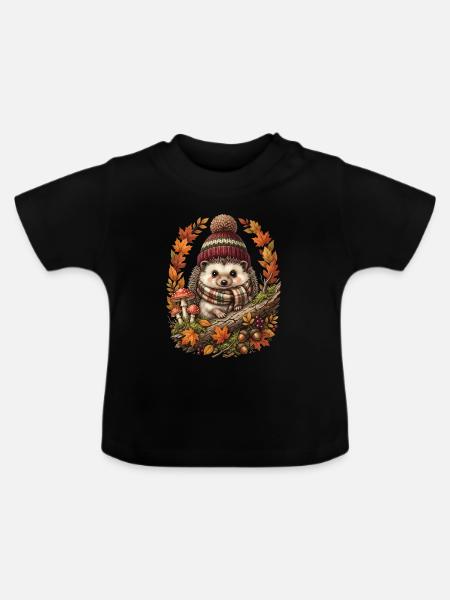 Herbstlicher Igel im Herbstlaub - Baby Bio-T-Shirt mit Rundhals - Schwarz