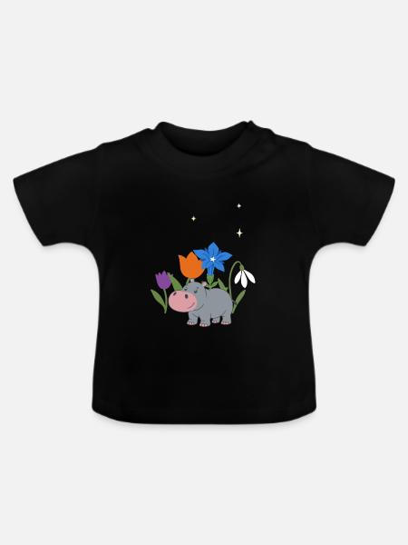 Flusspferd Blumen Kinder Geschenkidee Tierfreunde - Baby Bio-T-Shirt mit Rundhals - Schwarz